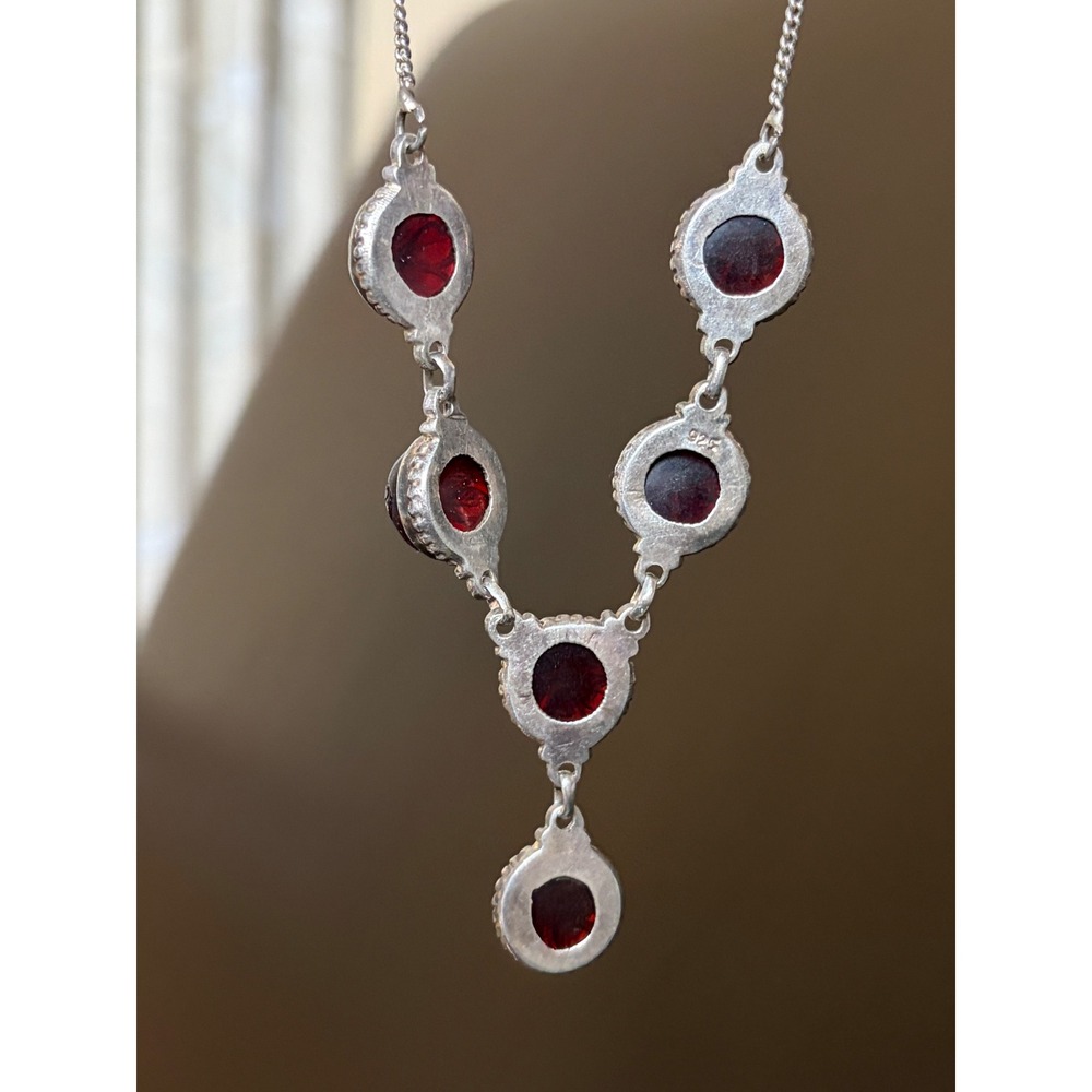 Sterling Silver 925 Carved Red Stone Floral Starburst Drop Necklace 16 Inch - Picture 3 of 8
